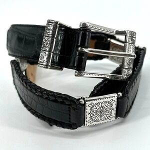 Vtg Brighton Black Leather Croc Embossed Braided Western Belt Heart Buckle XL 36